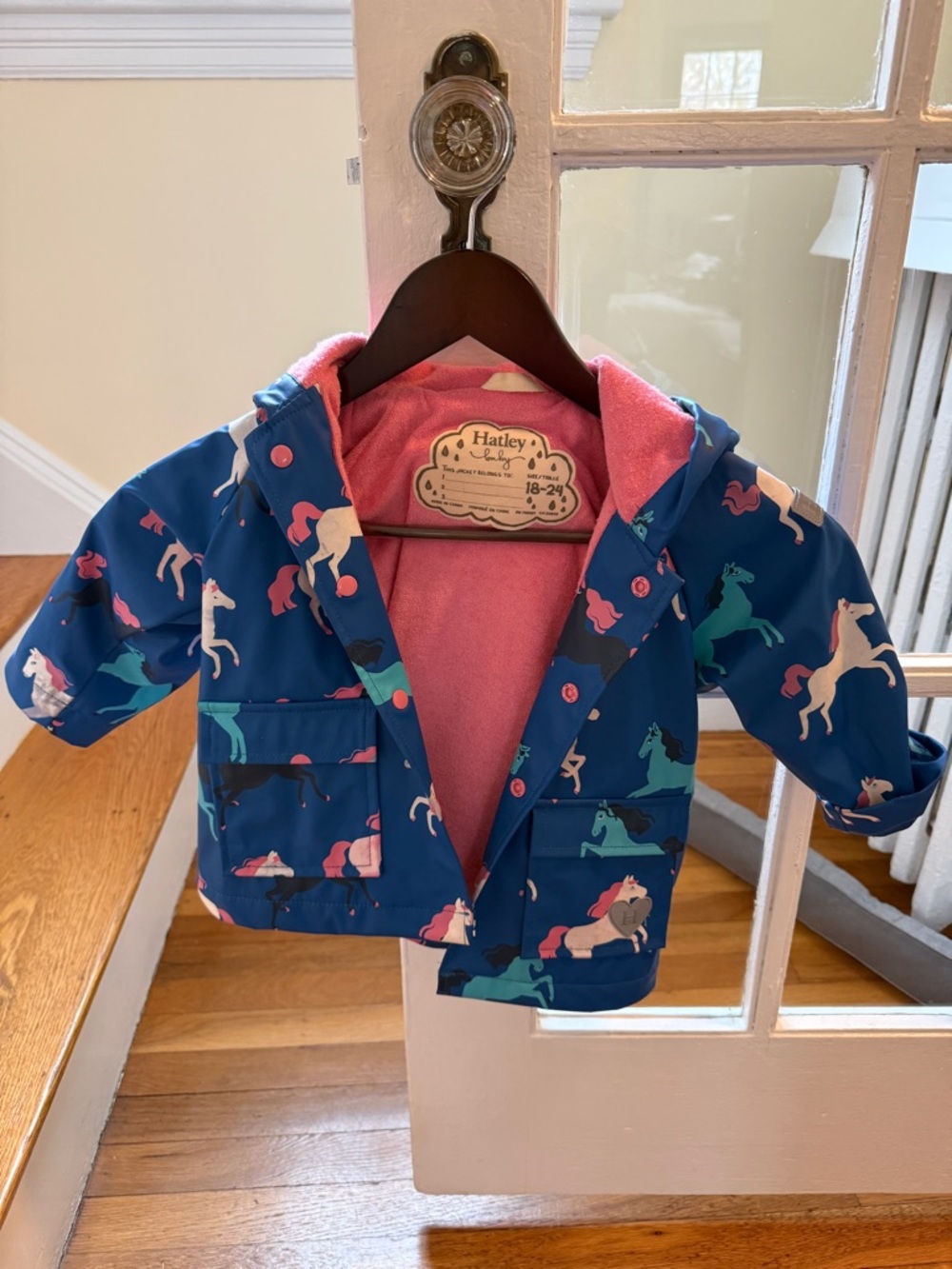 Hatley Blue Pony Print Jacket with Pink Lining